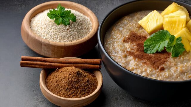 Delicious breakfast bowl featuring creamy porridge with pineapple, cinnamon, and amaranth
