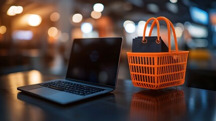 Laptop and orange shopping basket with a black box on a dark reflective surface, blurred background.