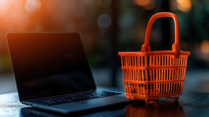 Online shopping concept: a laptop sits next to a bright orange shopping basket on a dark table.