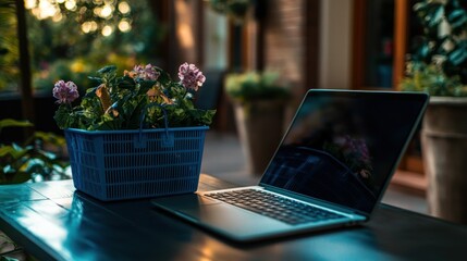 Laptop resting on a table, beside a blue basket of flowers, in a garden setting.