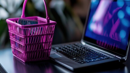 Purple shopping basket rests beside laptop displaying online store, symbolizing online shopping convenience.