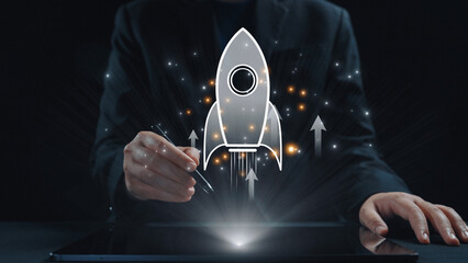 Startup launch and business growth concept, rocket symbolism, entrepreneurship, startup innovation,...