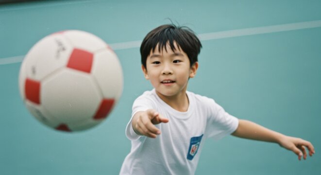 Young boy playing soccer and throwing ball on sports field  