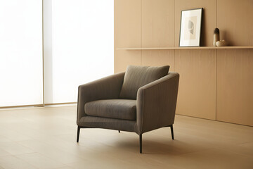 Fototapeta premium Modern upholstered armchair with slender metal legs in a minimalist room
