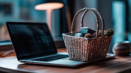 Laptop and wicker basket filled with small gifts sit on a wooden desk, near a lamp.