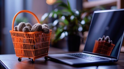 A miniature shopping cart overflowing with items next to a laptop displaying a similar image.