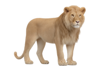 A majestic male lion standing proudly, isolated on a transparent background, showcasing its powerful build and golden mane
