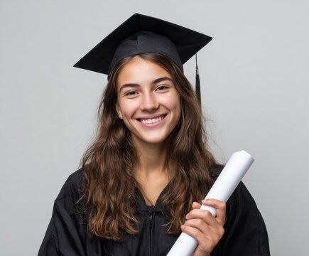 A joyful young woman in graduation attire, holding her diploma, radiates pride and accomplishment.