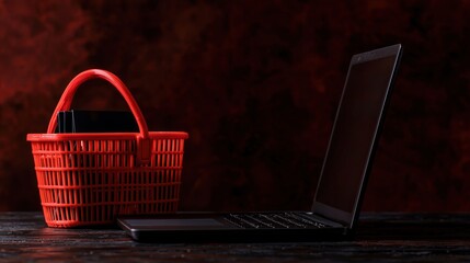 A red shopping basket sits beside a laptop on a dark surface, against a dark red background.