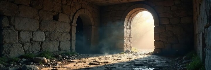 Mysterious, dimly lit ancient room  Stone walls, crumbling archway, and a single shaft of light illuminate dust motes dancing in the air  Hints of forgotten grandeur remain  , hidden, past