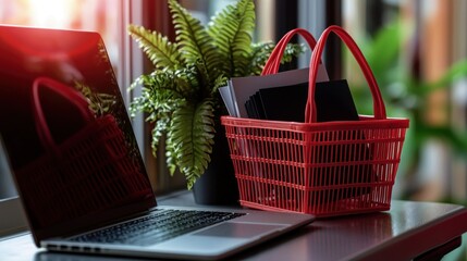 A laptop computer sits on a desk next to a red shopping basket filled with papers and a fern plant.