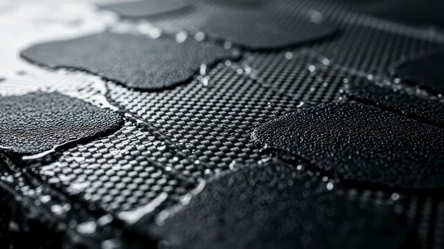 Closeup macro of woven carbon fiber patterns integrated with radarabsorbent materials during the naval mine composite layup process.