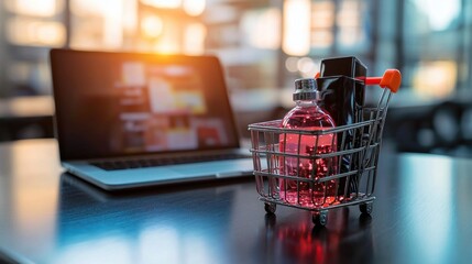 A laptop displays an online shopping interface, a miniature shopping cart holds products, symbolizing e-commerce.