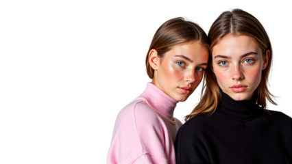 Two young women posing closely in stylish turtlenecks on white background, isolated 