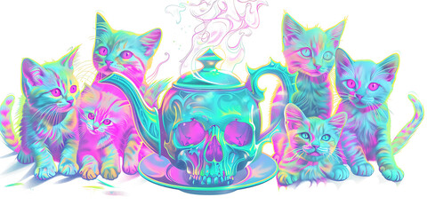Obraz premium Whimsical kittens gather around a psychedelic skull teapot, creating a surreal and vibrant scene.