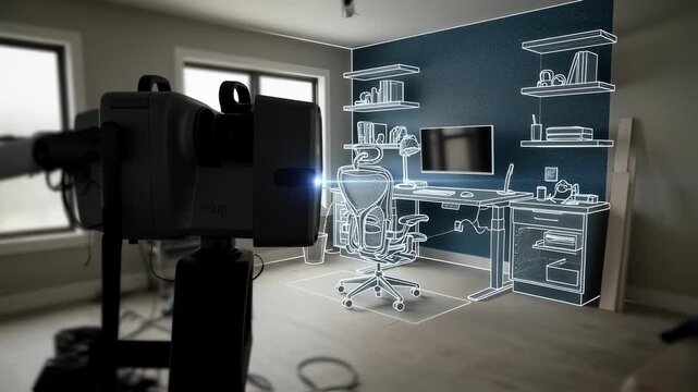 Advanced LiDAR imaging used to document a home office remodel emphasizing ergonomic furniture placement and optimized wall structures for workflow efficiency.