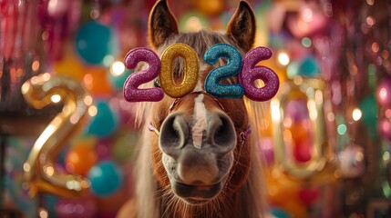 Festive horse in glasses with the date of the New Year, against the background of bright balloons