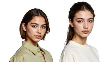 an isolated image of two sisters: Two young women posing side by side in casual outfits  
