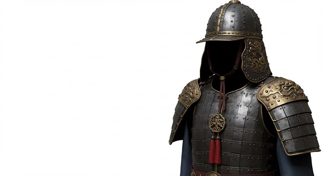 古代甲冑 輝き放つ金属 光沢際立つ精巧な細工 (kodai katchu hikari hanatsu kinzoku kogaku kizatsu seiko na zaiku) Translation: Ancient armor, shining metal, brilliantly detailed craftsmanship.. AI Generated