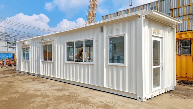 White shipping container tiny home converted into a modern office space with windows and doors, placed in a commercial area for flexible and sustainable workspace solutions