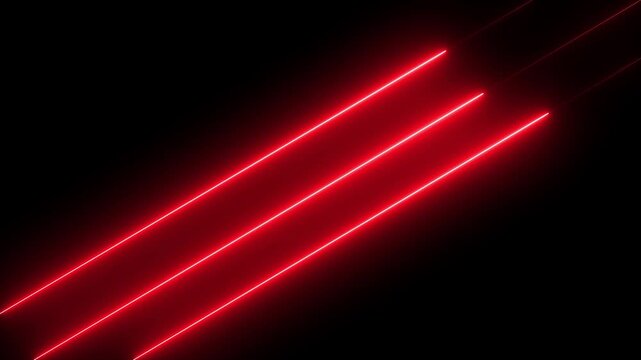 Three diagonal glowing red neon light lines on a black background abstract background bright clean