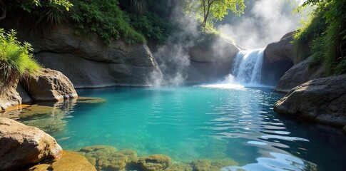 Naklejka premium Relaxing geothermal hot spring with steaming water cascading down rocks, surrounded by lush green vegetation and a tranquil atmosphere Ideal for wellness, nature, and travel themes , soak, rocks