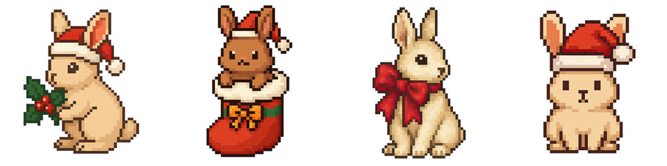 Obraz premium Christmas animals pixel art featuring festive rabbits wearing Santa hats and bows in charming holiday scene full of joy and warmth