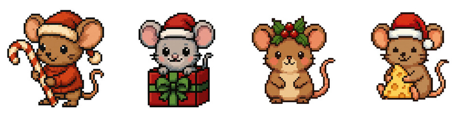 Fototapeta premium Christmas animals pixel art featuring cute mice in festive hats holding candy cane gift holly and cheese with joyful holiday spirit