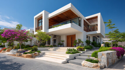 Fototapeta premium beautifully designed modern home with white exterior large balcony luxury garden stylish villa architecture dream property and contemporary residence