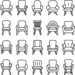 Collection of Chair Illustrations Line Art, Doodle Style for Design Projects