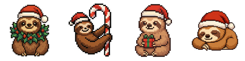 Fototapeta premium Christmas animals pixel art features four cute sloth characters wearing Santa hats with festive elements in pixel style