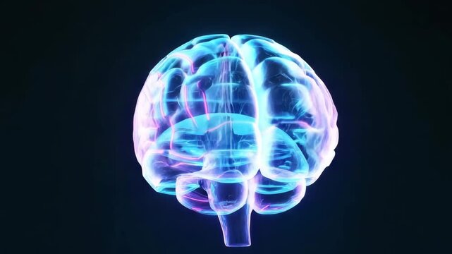 Cinematic 3D glowing digital brain neon pathways Nodes neurons streams liquid traveling synapses brain continuously machine learning large language models. Futuristic aesthetic 4k video