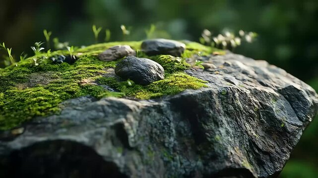 Close-up of moss-covered rock with plants.