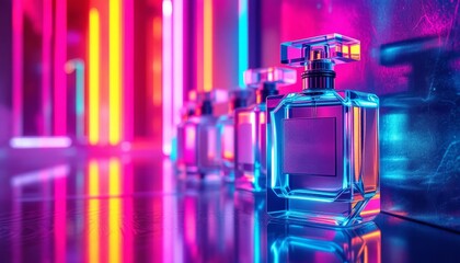 Row of luxury perfume bottles bathed in neon light, reflecting in a dark space.