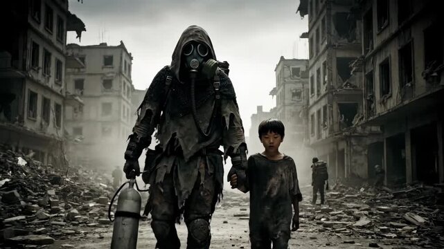 Survivors journey through post-apocalyptic ruins: man and child walking amidst destruction