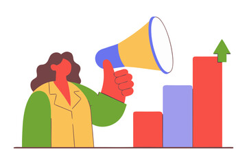 Person with megaphone announcing positive business growth and success isolated on transparent background