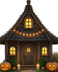 Obraz premium Spooky halloween cottage with glowing windows and pumpkin decorations isolated on transparent background