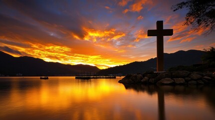 A wooden cross stands silhouetted against a vibrant sunset over a lake.