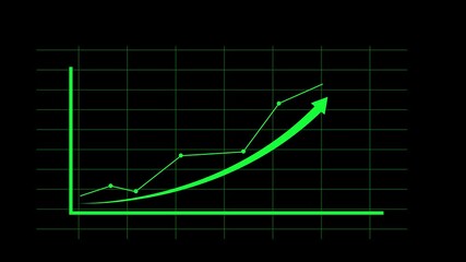 Green Line Graph Showing Upward Trend With Arrow on Black Background and Grid chart data - Powered by Adobe