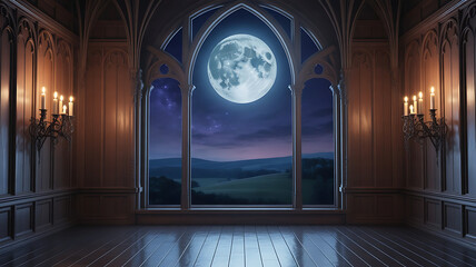 The full moon hangs majestically in the arched window, casting a mystical glow over the gothic-style room. The intricate woodwork and candelabras create a dramatic and hauntingly beautiful atmosphere.