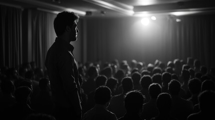 A silhouetted figure stands before a large audience in a dim room, illuminated.