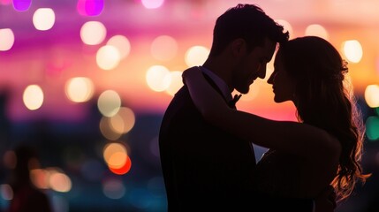 Silhouetted couple embracing intimately, dancing under vibrant bokeh lights.
