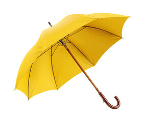 Bright yellow umbrella with a curved wooden handle open against a