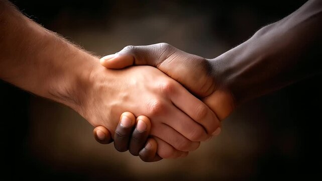 Conflict between two men in close-up grasping wrists