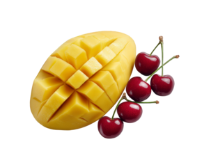 Freshly cut mango in a diced pattern next to a cluster of ripe cherries, isolated on a transparent background