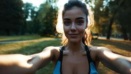 A woman taking a photo of herself using her smartphone in a park - Powered by Adobe
