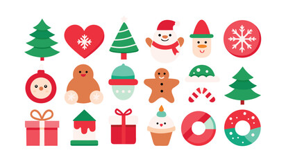 Cheerful Holiday Vector Icons in Festive Colors Christmas Decoration Elements Featuring Christmas Trees Snowmen Gingerbread Man Gifts and Festive Treats