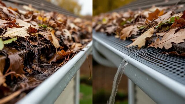 Comparison test footage displaying leaf retention on gutters with and without snapin gutter guards under same leaf load.