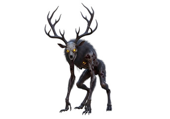 Obraz premium A menacing, mythical creature with large antlers and glowing eyes is poised for action against a stark black background.