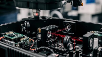 Closeup of an optical collimator aligning laser paths inside an autonomous vehicle lidar calibration unit for precision measurement.